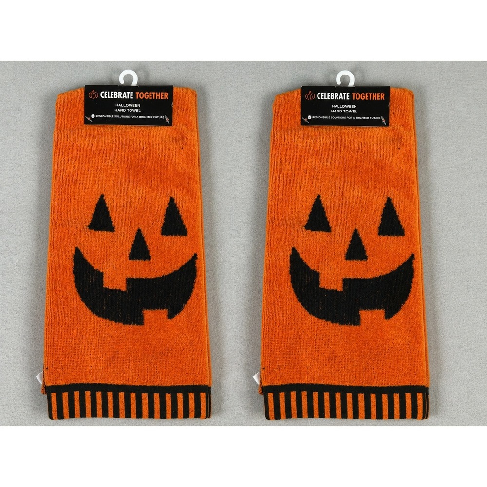 2 Celebrate Together Halloween Pumpkin Face Hand Towels Orange Black 16x25 NWT